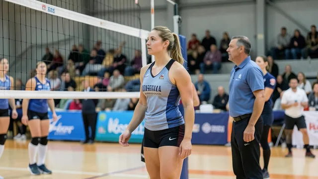 Jogadora de vôlei em uma quadra durante um evento de lançamento de competição.