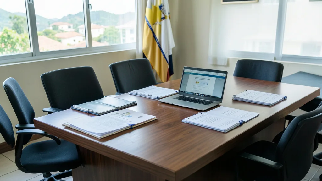 Imagem gerada por IA: Sala de reunião preparada para a transição de governo, com documentos e um computador sobre a mesa.