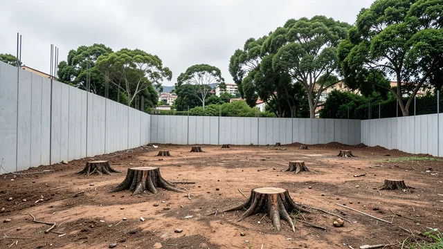 Terreno cercado por tapumes no Alto da Lapa, com área de obras parada e árvores ao redor.
