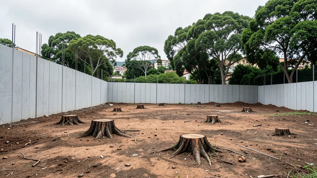 Terreno cercado por tapumes no Alto da Lapa, com área de obras parada e árvores ao redor.
