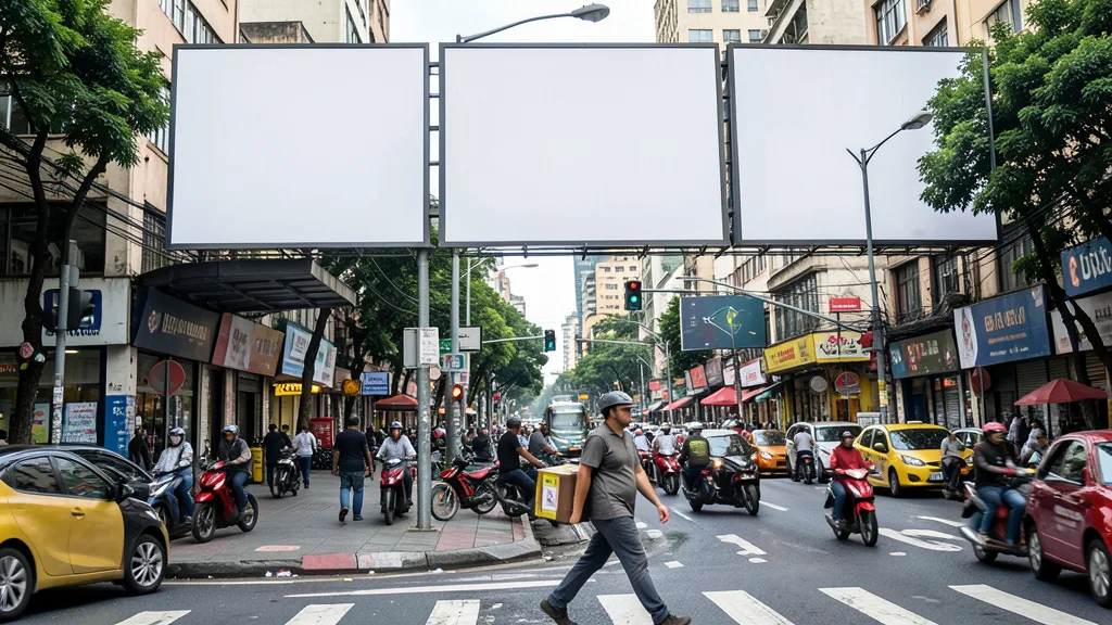 Imagem gerada por IA: Painéis publicitários sem anúncios em uma rua de São Paulo, com entregador de comida passando ao lado.