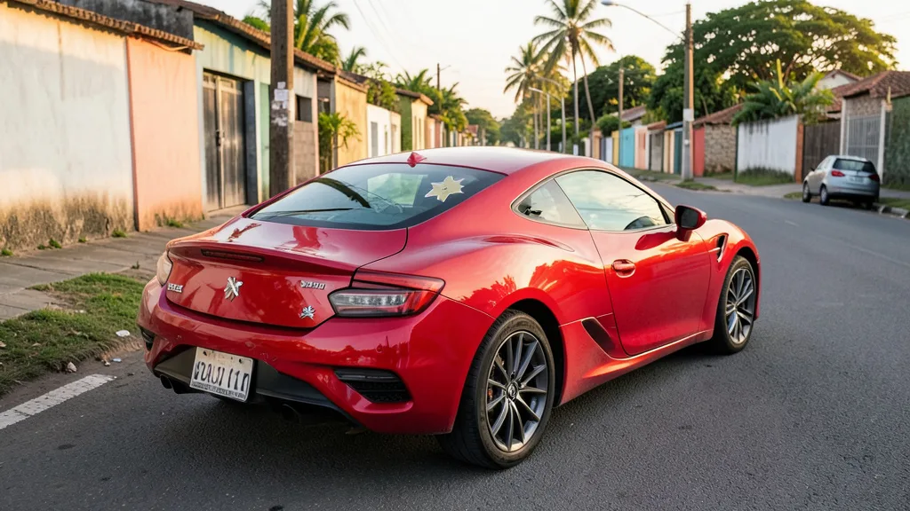 Imagem gerada por IA: Carro esportivo vermelho estacionado em uma rua de Arapiraca.