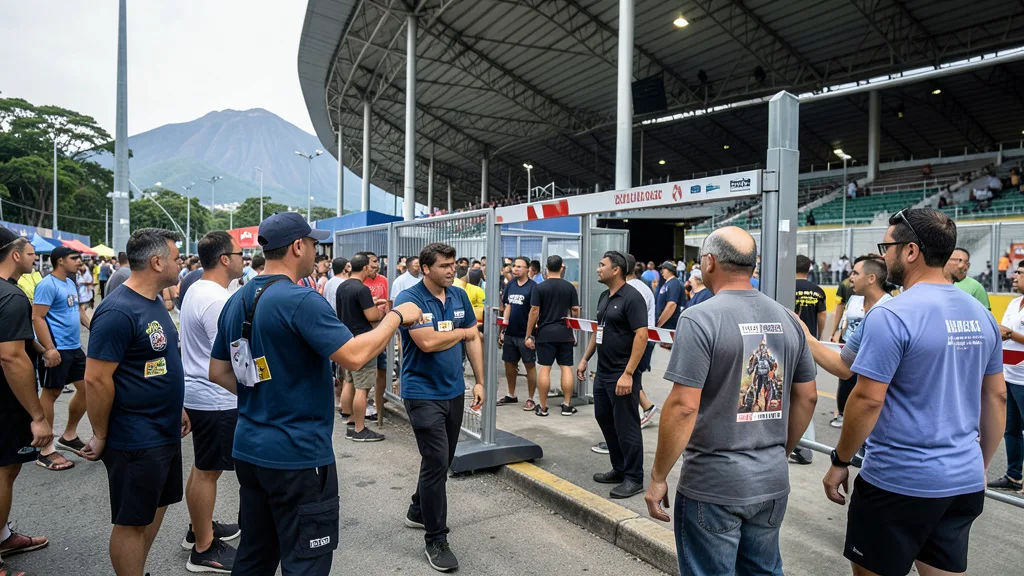 Imagem gerada por IA: Torcedores passam por uma área de controle na entrada de um estádio, com adesivos discretos nas roupas.