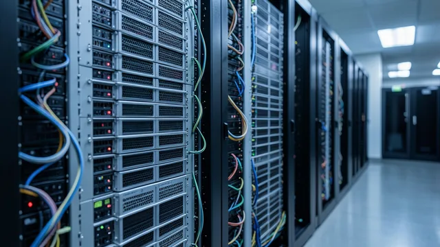 Discos rígidos instalados em servidores de um data center moderno.