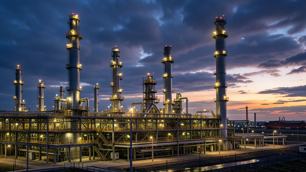 Imagem gerada por IA: Refinaria de petróleo iluminada ao entardecer, com um navio-tanque ao fundo.