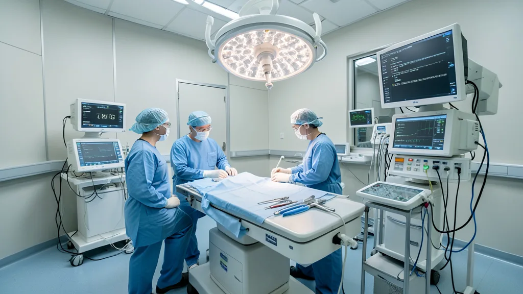 Imagem gerada por IA: Robô cirúrgico e equipe médica em uma sala de operação.
