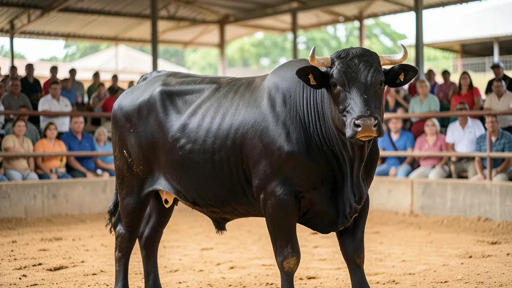 Imagem gerada por IA: Touro angus em uma pista de leilão rural, com público desfocado ao fundo.