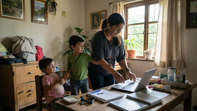 Imagem gerada por IA: Mulher cuida de uma criança e organiza tarefas domésticas enquanto materiais de trabalho ficam sobre a mesa.