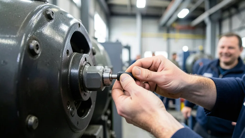 Imagem gerada por IA: Técnico inspeciona um sensor instalado em uma máquina industrial.