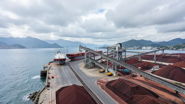 Imagem gerada por IA: Terminal de minério de ferro do Porto Sudeste, com navios, correias transportadoras e pilhas de minério.