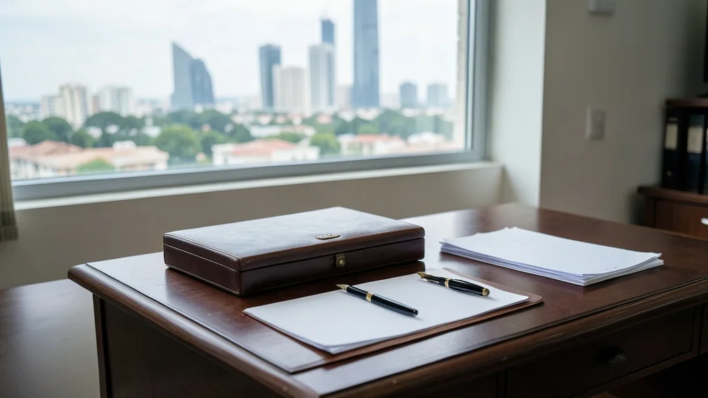 Imagem gerada por IA: Mesa de escritório jurídico com papéis sem escrita, uma pasta e vista de Brasília ao fundo.