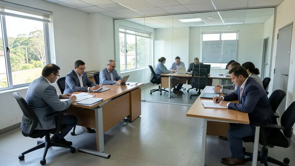 Imagem gerada por IA: Funcionários genéricos analisam documentos em um escritório de fiscalização pública.