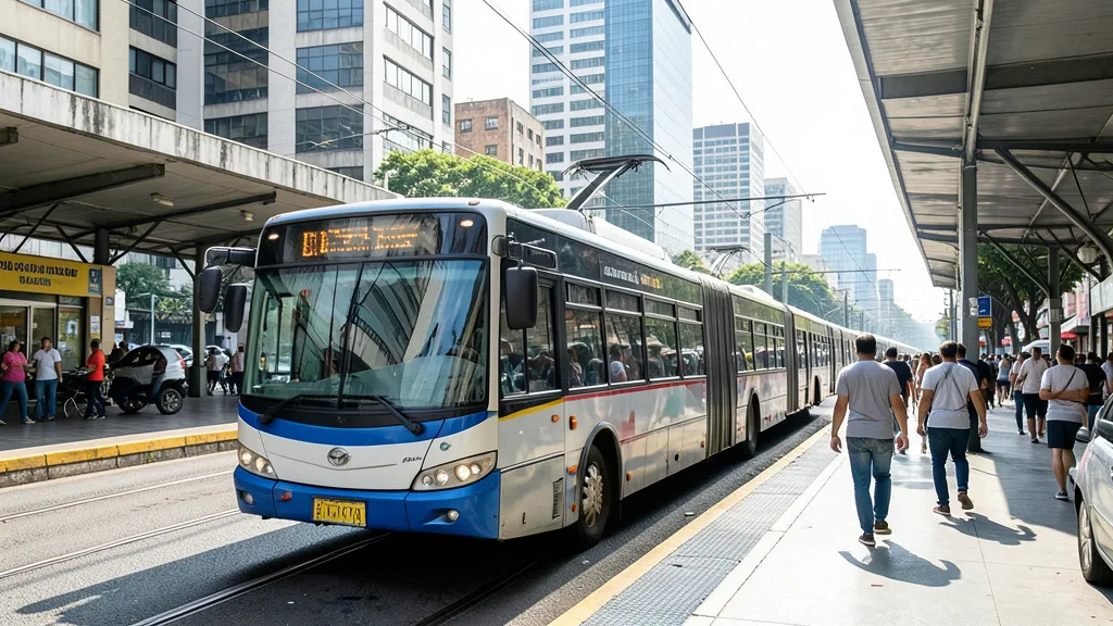 Ônibus urbano circula próximo a uma estação de transporte público em São Paulo.