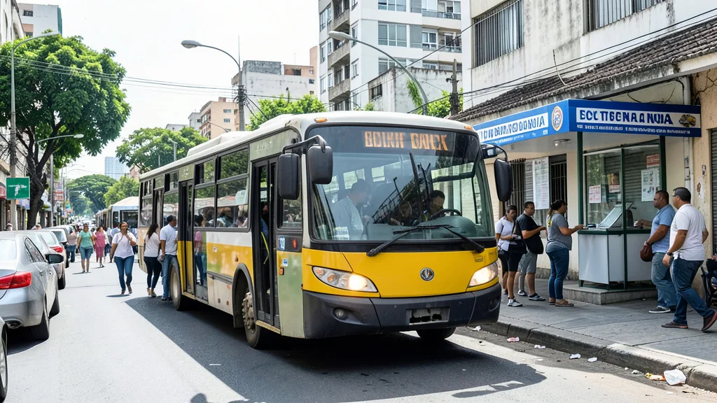 Imagem gerada por IA: Ônibus urbano circula enquanto eleitores caminham em direção a um local de votação.