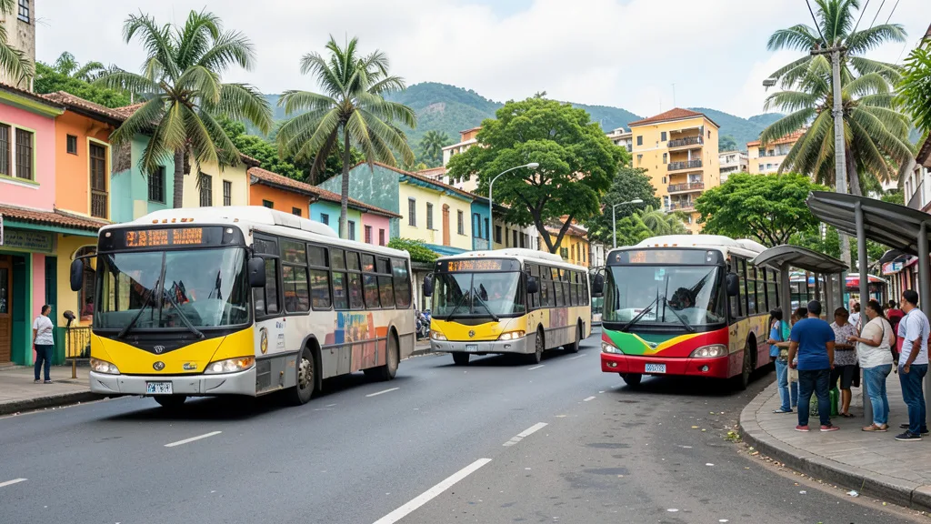 Imagem gerada por IA: Ônibus circulam por uma rua movimentada de Salvador, enquanto passageiros aguardam em um ponto.