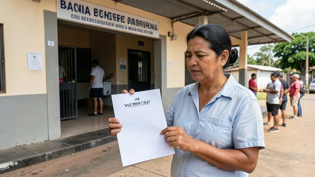 Imagem gerada por IA: Eleitor segura uma folha eleitoral em branco enquanto aguarda na fila de uma seção.