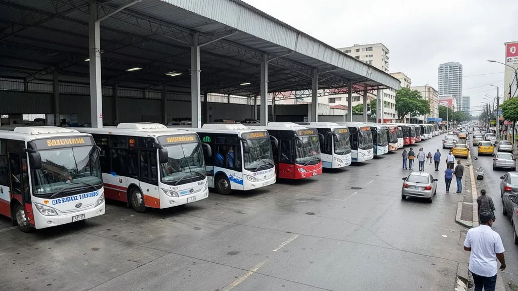 Imagem gerada por IA: Ônibus alinhados em uma garagem de Salvador, com veículos saindo para circular.