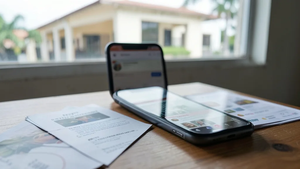 Celular com uma rede social ao lado de materiais de campanha e um tribunal ao fundo.