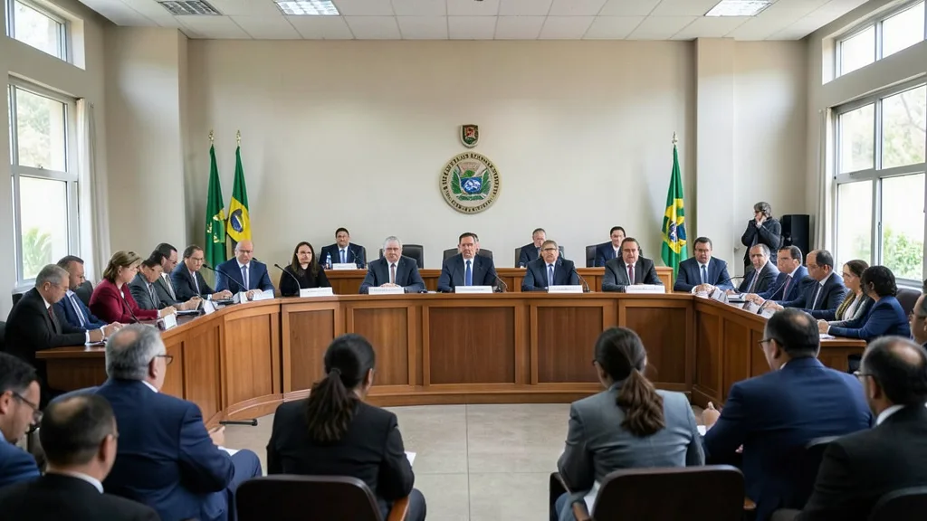 Imagem gerada por IA: Sessão plenária da Justiça Eleitoral do Rio de Janeiro durante a homologação do resultado da eleição para governador.
