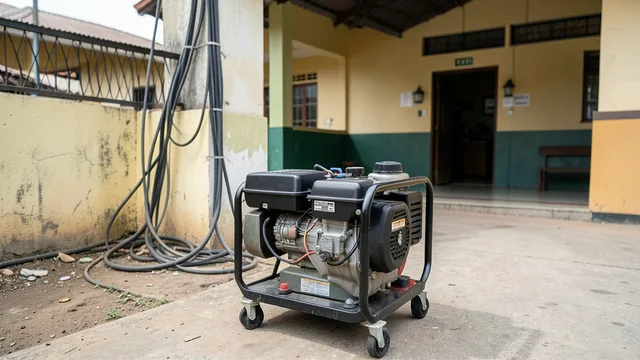 Gerador instalado diante de uma escola pública preparada para funcionar como local de votação.