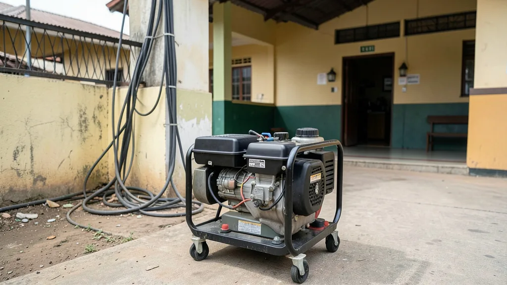 Gerador instalado diante de uma escola pública preparada para funcionar como local de votação.