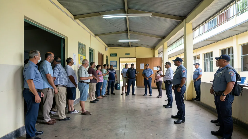 Imagem gerada por IA: Eleitores chegam a um local de votação acompanhado por agentes de segurança.