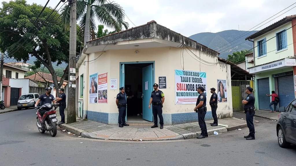 Policiais examinam a entrada de um comitê de campanha na Tijuca, no Rio de Janeiro.