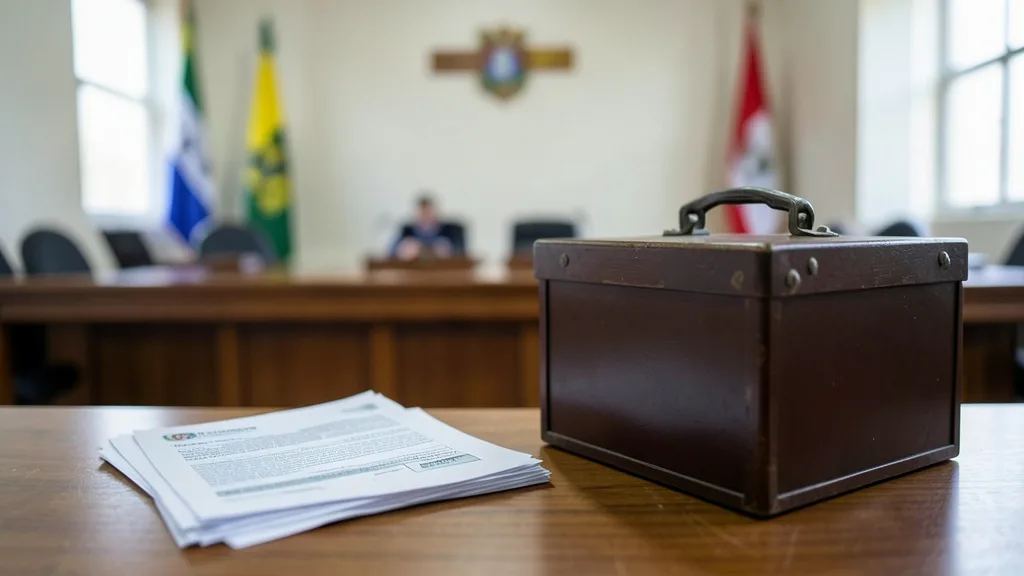 Imagem gerada por IA: Cédulas eleitorais sobre uma mesa em ambiente de tribunal.
