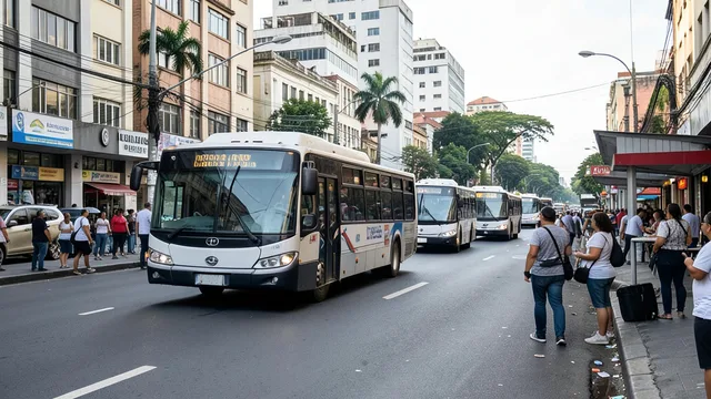 Imagem gerada por IA: Ônibus circulam por uma avenida de São Paulo enquanto eleitores caminham ao fundo.