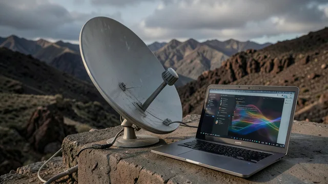 Imagem gerada por IA: Antena de internet via satélite ao lado de um laptop em uma área remota.