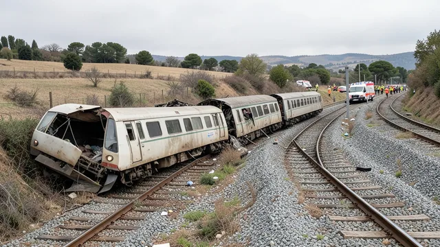Imagem gerada por IA: Vagões descarrilados e equipes de emergência no local da colisão ferroviária na Espanha.