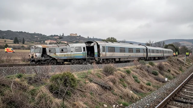 Imagem gerada por IA: Vagões de trem danificados ao lado de um aterro, com equipes de emergência ao fundo.