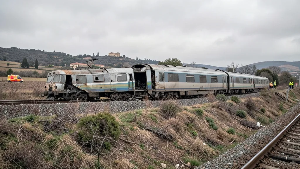 Imagem gerada por IA: Vagões de trem danificados ao lado de um aterro, com equipes de emergência ao fundo.