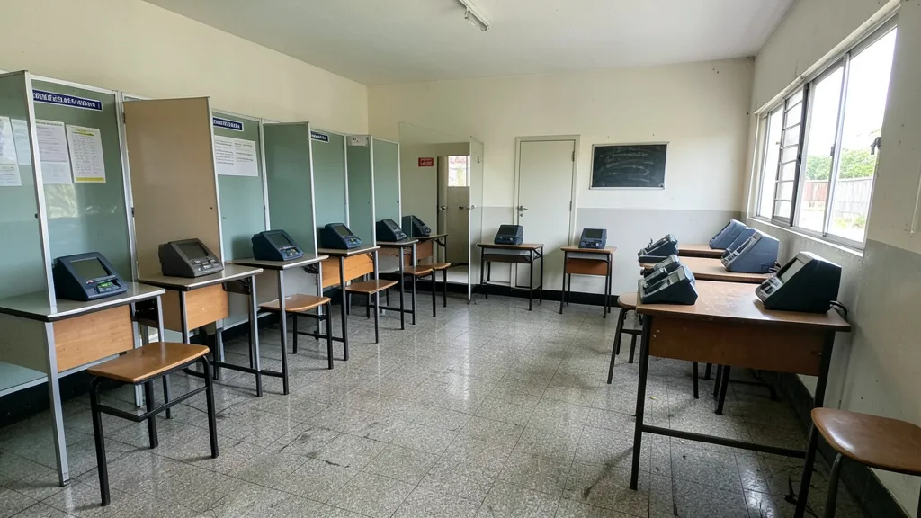 Imagem gerada por IA: Sala de votação vazia, com cabines e urnas eletrônicas organizadas.