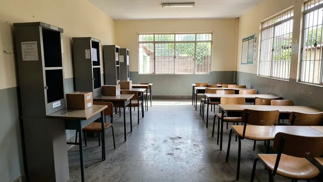 Imagem gerada por IA: Cabines e urnas em uma sala de votação vazia.