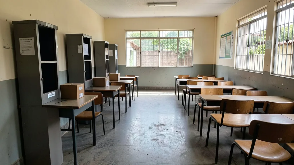 Imagem gerada por IA: Cabines e urnas em uma sala de votação vazia.