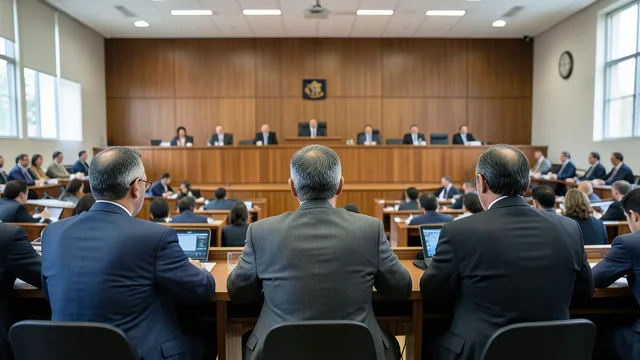 Imagem gerada por IA: Três parlamentares vistos de costas em uma sessão numa assembleia legislativa brasileira.