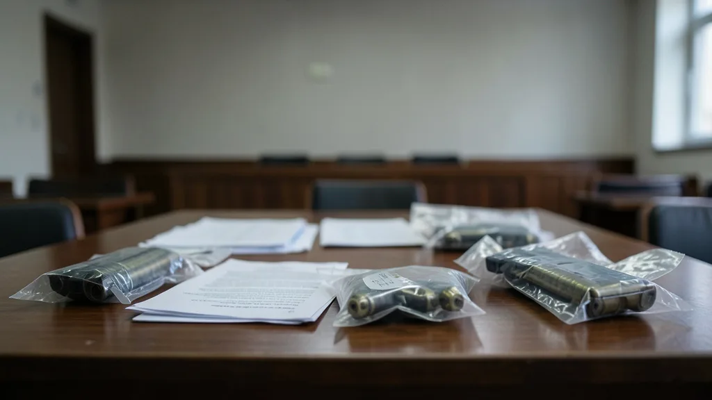 Imagem gerada por IA: Munições e peças de armas em sacos de evidência sobre uma mesa de tribunal.