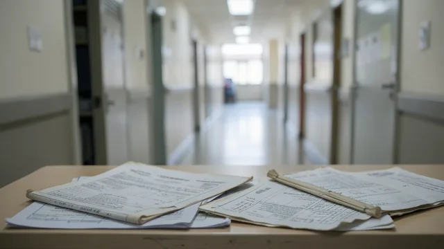 Imagem gerada por IA: Prontuários antigos sobre uma mesa em uma sala de arquivo hospitalar.