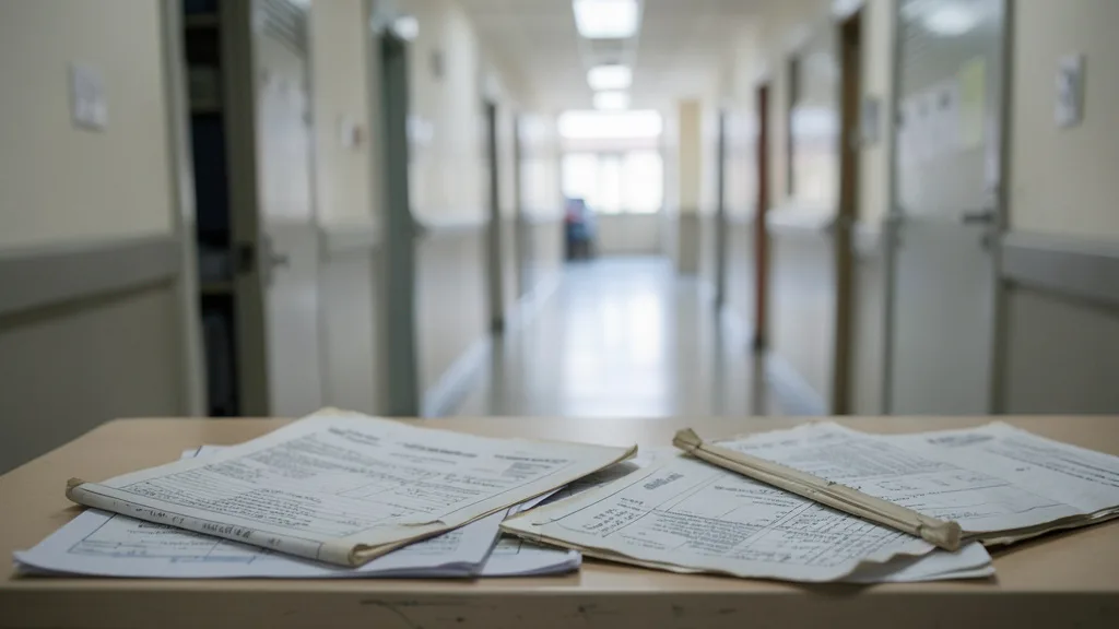 Imagem gerada por IA: Prontuários antigos sobre uma mesa em uma sala de arquivo hospitalar.