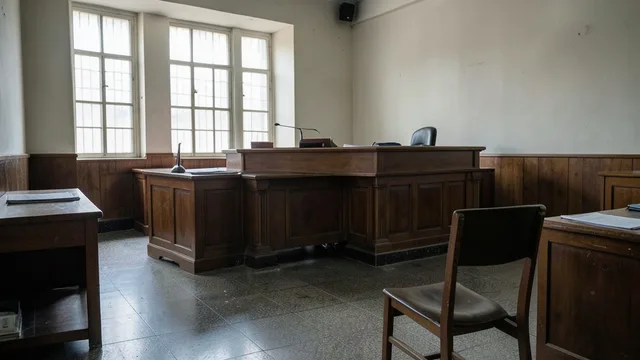 Imagem gerada por IA: Tribunal vazio com bancos de madeira e cadeira diante da bancada do juiz.