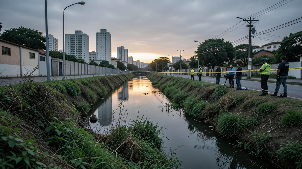 Imagem gerada por IA: Canal urbano isolado na Grande São Paulo, com fita policial ao longe.