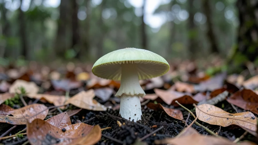 Imagem gerada por IA: Cogumelo chapéu-da-morte crescendo entre folhas no chão de uma floresta.