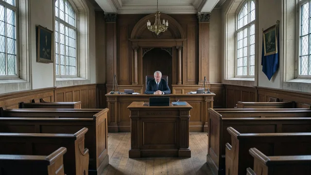 Imagem gerada por IA: Sala de tribunal em Londres, em referência à disputa judicial sobre a representação das vítimas de Mariana.