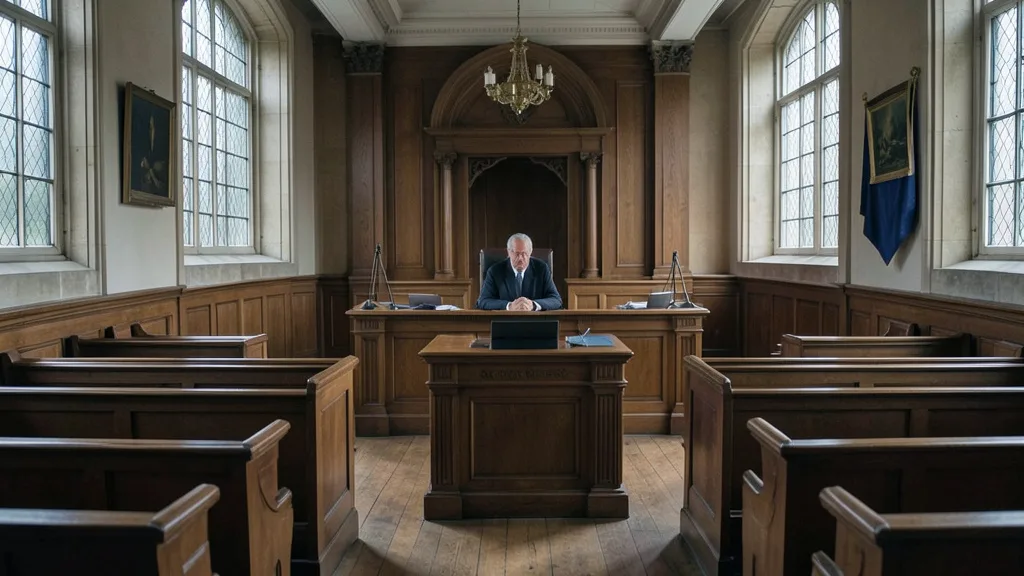 Imagem gerada por IA: Sala de tribunal em Londres, em referência à disputa judicial sobre a representação das vítimas de Mariana.