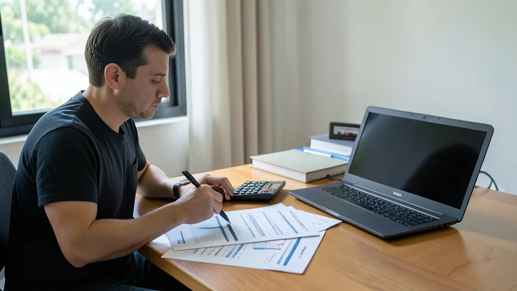 Imagem gerada por IA: Contribuinte analisa documentos financeiros e faz cálculos em uma mesa.