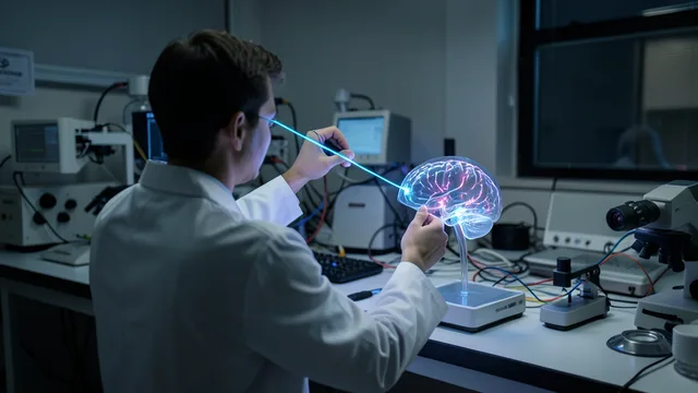 Imagem gerada por IA: Pesquisador direciona luz azul em um modelo de cérebro em laboratório.