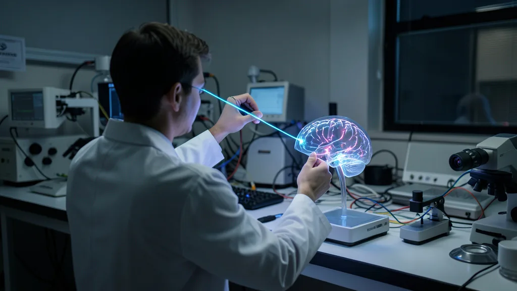 Imagem gerada por IA: Pesquisador direciona luz azul em um modelo de cérebro em laboratório.