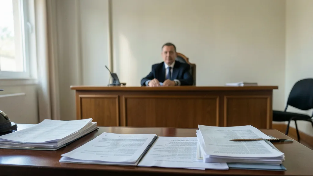 Imagem gerada por IA: Documentos sobre uma mesa em uma sala de audiência trabalhista.