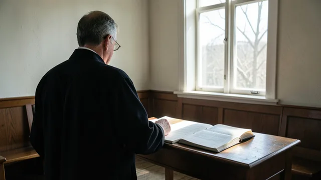 Imagem gerada por IA: Interior de uma igreja com um religioso e um livro aberto sobre uma mesa.